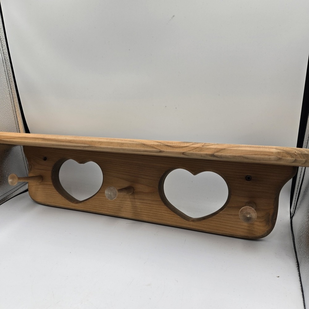 VTG Wood Double Heart Pegged Wall Shelf 24" Long 3 Pegs GrannyCore CottageCore